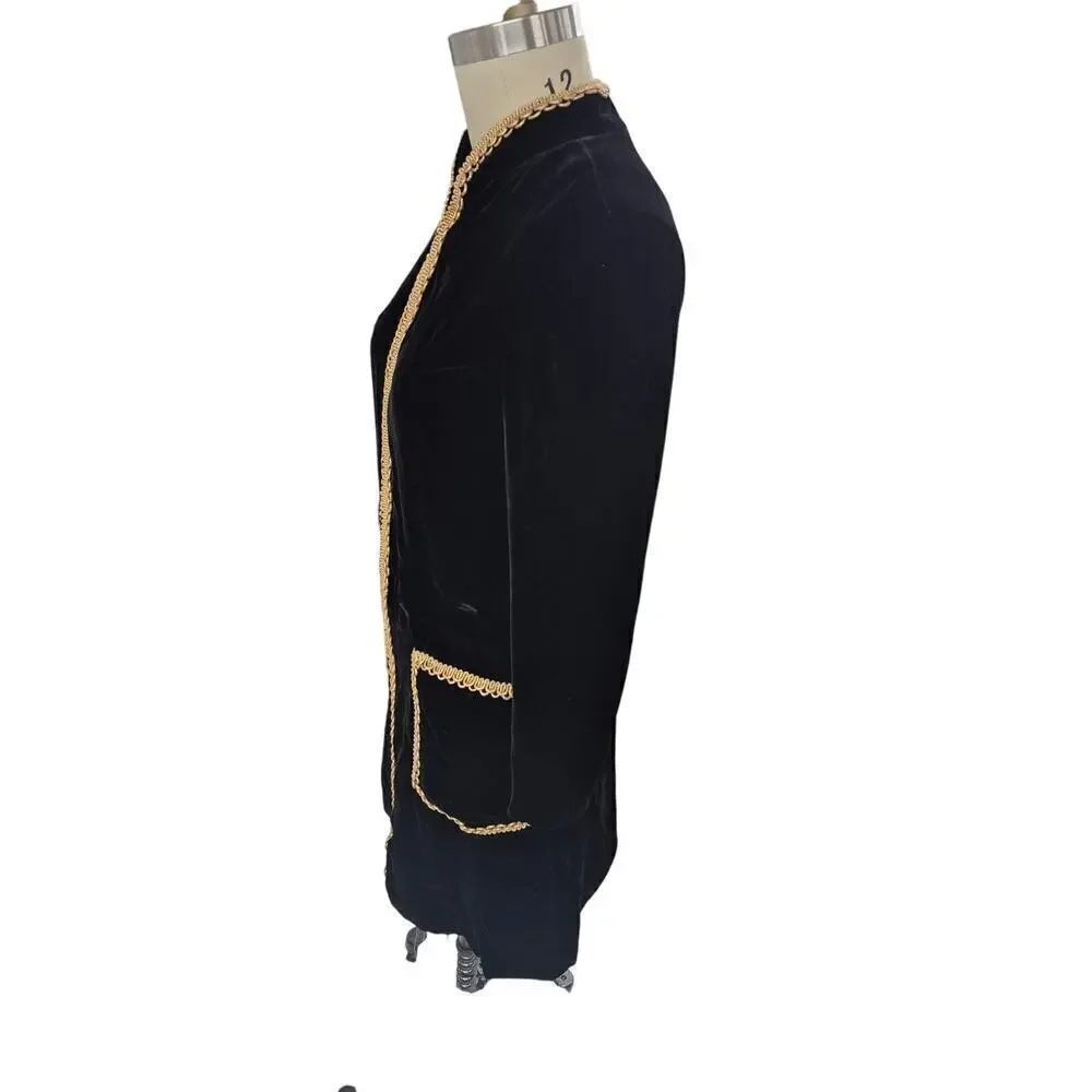 Vtg Black Velvet  Dress Coat Gold Trim Pockets Zipper down front 60s 70s Women L